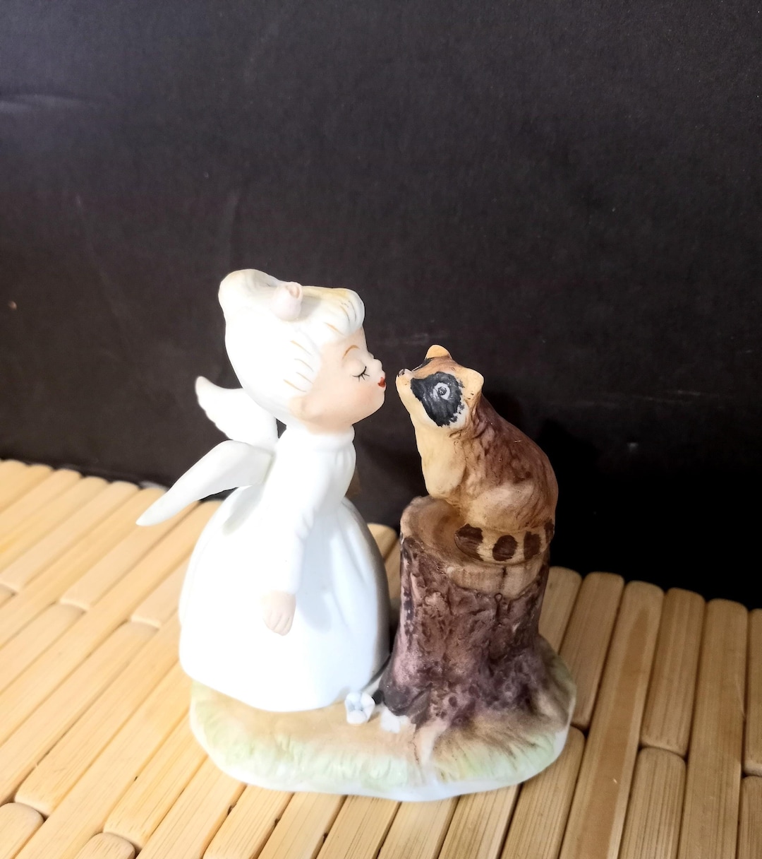 Vintage Enesco Ceramic Figurine: Angel Kissing Raccoon, 1960s - Etsy
