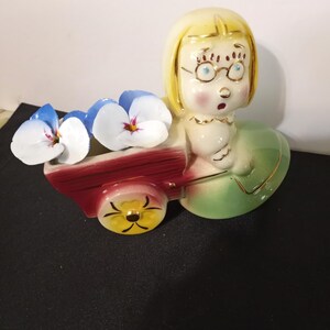 Vtg Midcentury Kitschy Handpainted Ceramic California Pottery, Girl with Glasses & Garden Cart Planter, Vase, 22K Gold Accents, USA, 1960s