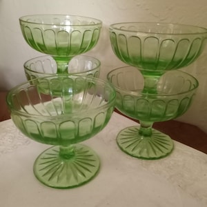 Antique Hazel Atlas Set of 5 Uranium Glass Sherbet, Custard, Dessert Dishes, Green Depression Glass, Glows Under Black Light, 1920s-30s