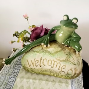 Vintage Ceramic Frog Welcome Planter: 1990s Glazed Figurine