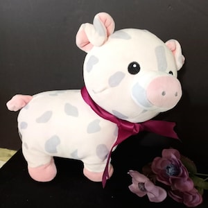 Vtg Creative Co-op Plush Pink Pig with Gray Spots Soft Pink Velveteen Snout Hooves, Ears & Curly Tail, Poly-fill Clean Sweet Condition 1990s