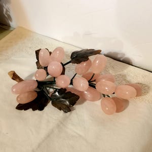 Vtg Pink Rose Quartz Long Grapes Cluster with 20 Grapes on Bunch. Hand Carved Nephrite Jade Leaves, 1980s