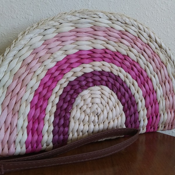 Vtg Hand Woven Straw Ghana Half Moon Pink and Mauve Striped Clutch Handbag, Leather Hand Strap, New, Tag Still On, Ghana Africa, Early 2000s