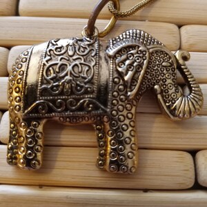 Thai Elephant Pendant Necklace, Goldfill & Goldtone Filigree Style Detail, Long 27 Goldfill Chain, Artisan Made in Thailand, 1980s Chain, image 2