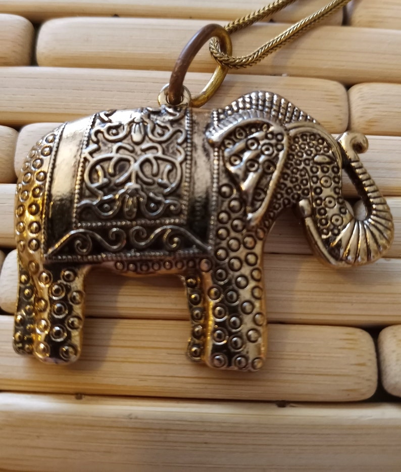 Thai Elephant Pendant Necklace, Goldfill & Goldtone Filigree Style Detail, Long 27 Goldfill Chain, Artisan Made in Thailand, 1980s Chain, image 2