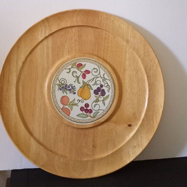 Vtg Dansk of Denmark, Large Blond Teak Wood Cheese Board or Charcuterie Serving Board with Ceramic Fruits Design Center Piece, 1980s