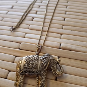 Thai Elephant Pendant Necklace, Goldfill & Goldtone Filigree Style Detail, Long 27 Goldfill Chain, Artisan Made in Thailand, 1980s Chain, image 4