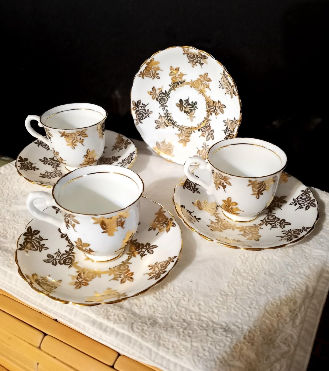 Vintage Stanley Bone China Demitasse Set: 22K Gold Roses, England