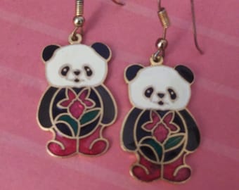 Gift Box Bamboo Jewelry PANDA PIN Brooch Cloisonne Enamel STERLING BEAR 