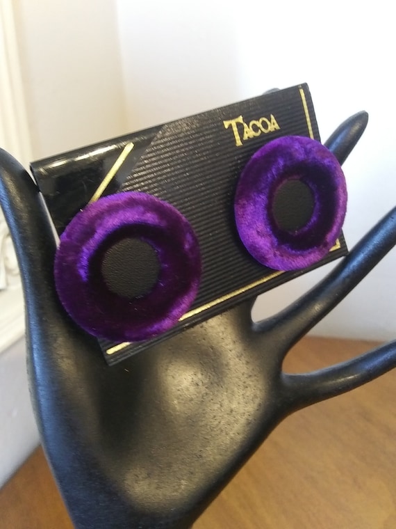 Vintage Purple Velvet Button Earrings with Black … - image 1