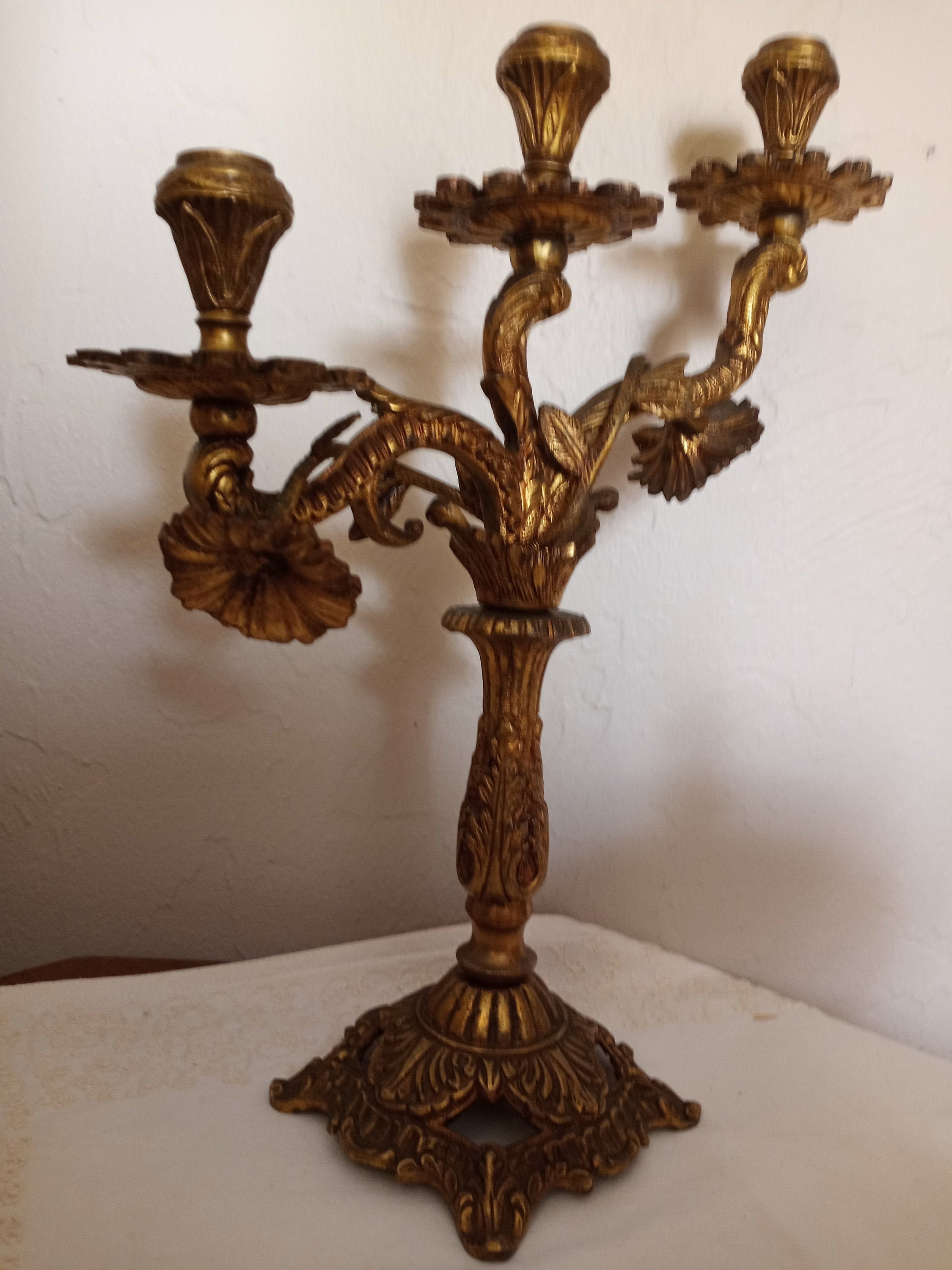 Victorian Gothic Antique 3 Arm Candelabra, Gilding Over Brass and