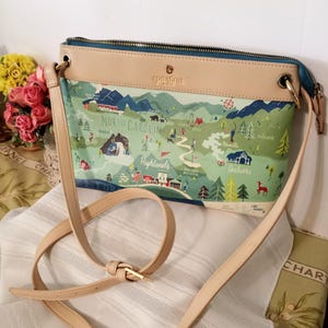 Borsa a tracolla vintage con mappa delle Blue Ridge Mountains, Spartina dell'isola di Daufuskie, dettagli in pelle, cinturino con fibbia regolabile, USA anni '90