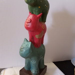 Vtg Carved Wood Folkart Sculpture of a Turquoise Cat, Orange Pig, and Green Dog, Stacked on Top of Each Other Totem Pole Style, Bali, 1990s