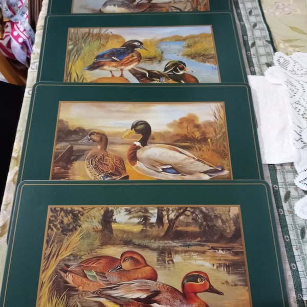 Set of 4 Vtg Pimpernel Duck Placemats, Cork Backing, 4 Species of Wild Ducks, 1970s - 80s