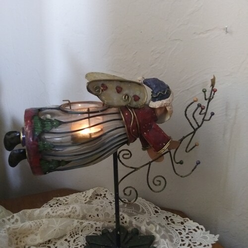 Flying Santa shops with Twiggy Christmas Tree Metal and Glass Tealight Holder, Vintage 1990s