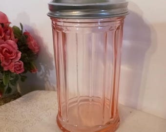 Vintage Pink Depression Glass Sugar Dispenser Jar, 1940s - 60s. 6" Tall, 3.3" Wide. Holds 12 -14 oz Sugar
