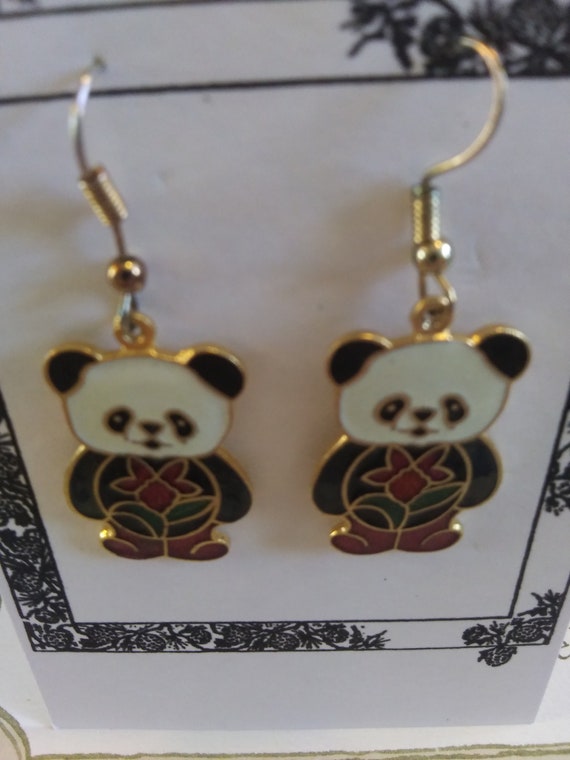 Cloisonne Panda Bear Earrings on Goldplated Base … - image 4