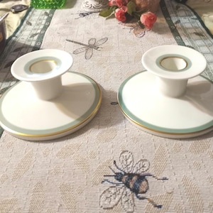 Vintage Royal Copenhagen Porcelain Candlestick Holders: Celadon & 22K Gold, Denmark, 1980s