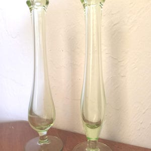 Fenton Uranium Glass Bud Vases: 1930s Art Deco Swung Pair