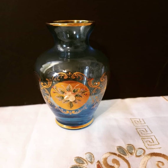Vintage Vecchia Murano Glass Vase: Blue, 22K Gold Flower