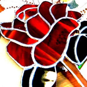 Stained Glass Red Rose Suncatcher with Green Leaves, Authentic, Handmade by Stained Glass Artisan, Wire Hook for Hanging, 1980s