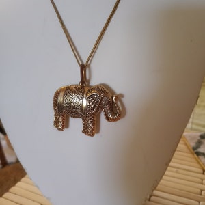 Thai Elephant Pendant Necklace, Goldfill & Goldtone Filigree Style Detail, Long 27 Goldfill Chain, Artisan Made in Thailand, 1980s Chain, image 3