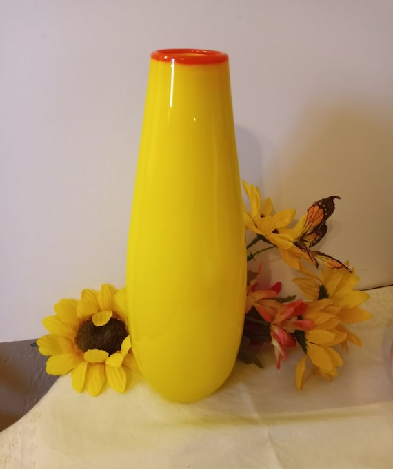 Vtg. Bright Sunflower Yellow Handblown Art Glass Vase With Etsy