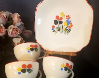 Vintage Set of 3 Camwood Ivory Tea Cups or Coffee Cups with Matching Dessert or Serving Plate Art Deco Era by Universal Cambridge 1930s -50s