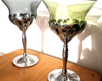 Copas de vino Krome Kraft Art Deco vintage, par de copas de vidrio Cambridge verdes y azules