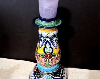 Vintage Talavera Candlestick Holder: Hand-Painted Mexican Ceramic, Signed