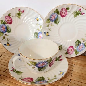 Vtg Midcentury Aynsley Fine Bone China Morning Glories Teacup & Matching Saucer, Plus 2 Extra Matching Saucers, Made in England. 1950s -60s