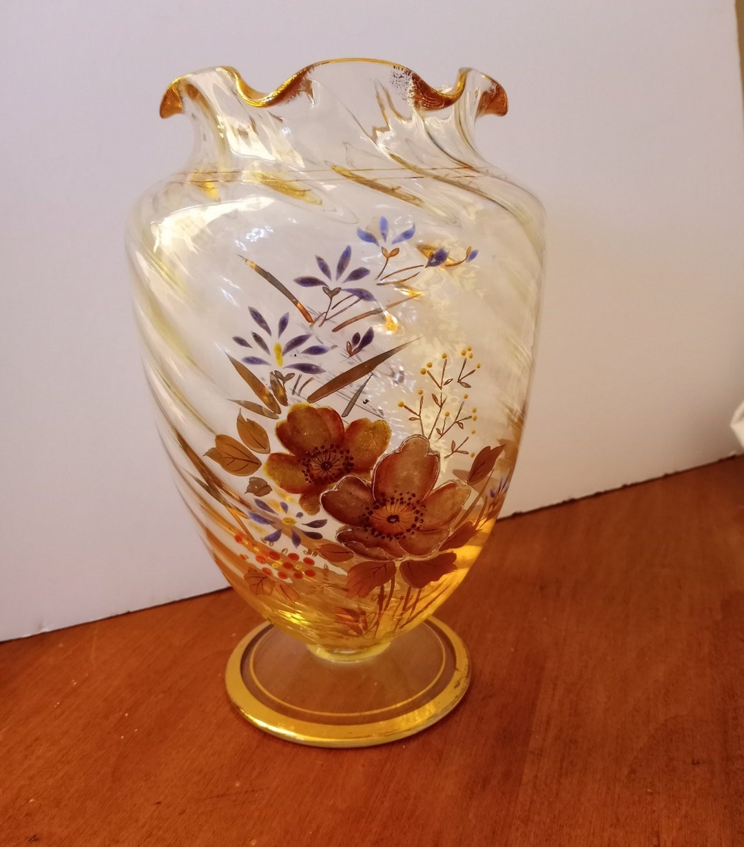 Antique Fenton Blown Glass Optic Vase, Handpainted Flowers, Clear and