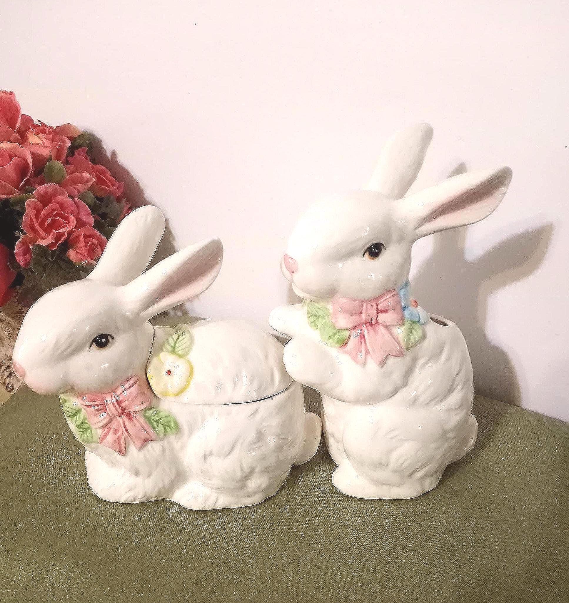 Ceramic Easter Bunny Creamer And Sugar Bowl Set - Pink Flower Design, 4.5" H X 4" W, Holiday Tableware For Spring Decor & Entertaining