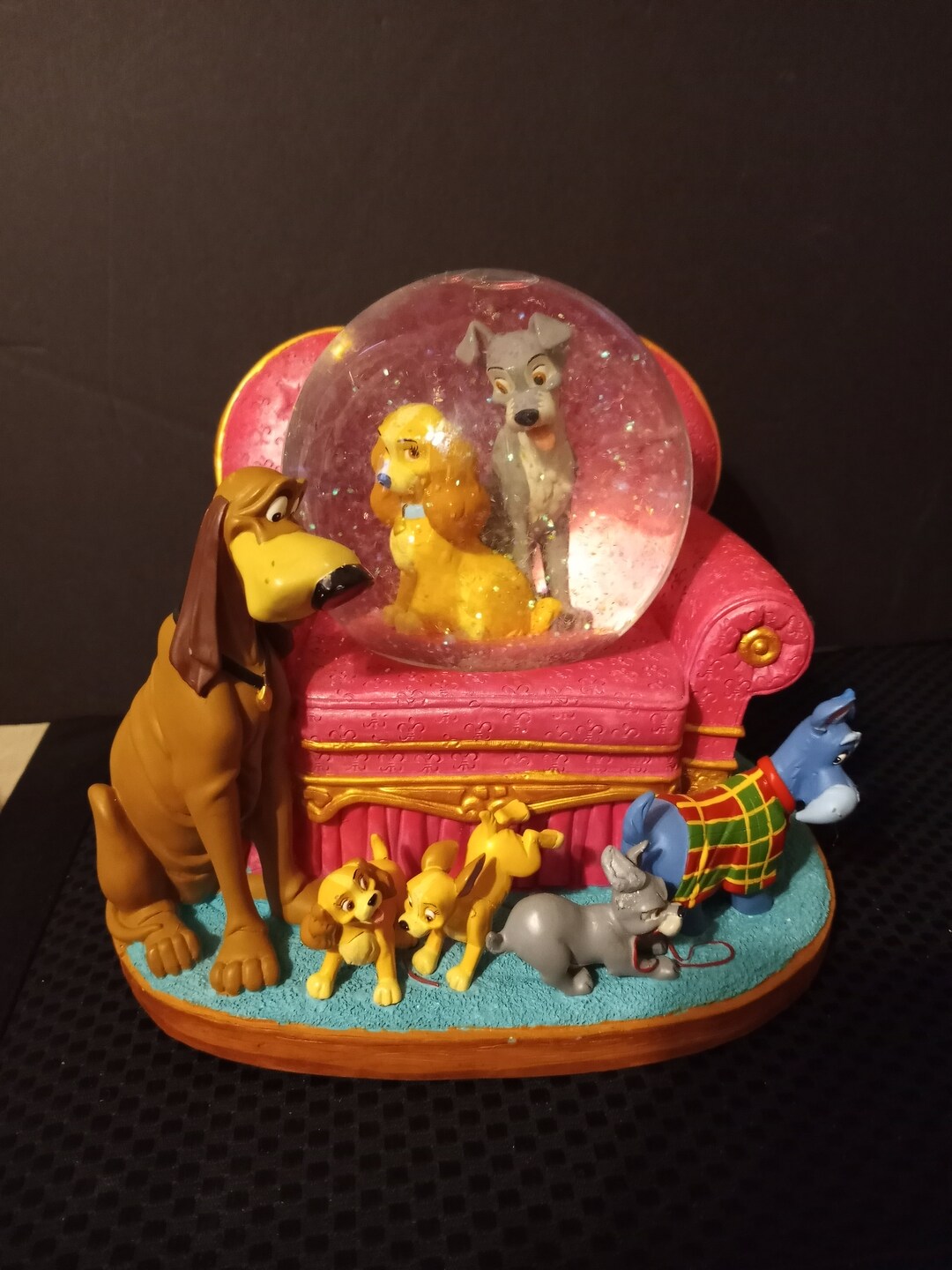 Lady and the Tramp on Big Pink Chair With Puppies and Friends, Glitter