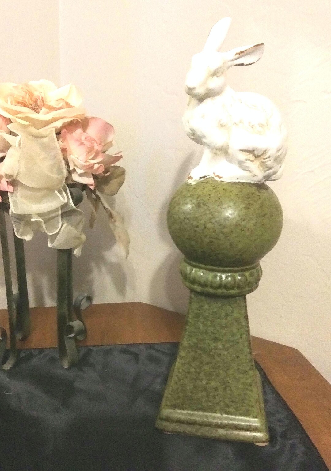 Handmade Pottery Rabbit Sculpture: Vintage Moss Green Pillar Art - Etsy