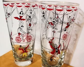 Vintage Libbey Circus Highball Glasses, Midcentury Barware, Greatest Show on Earth, Pair