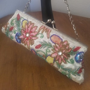 Vintage Floral Embroidered, Beaded, and Sequined White Satin Clutch Purse with (Optional) Chain, Vintage 1980s
