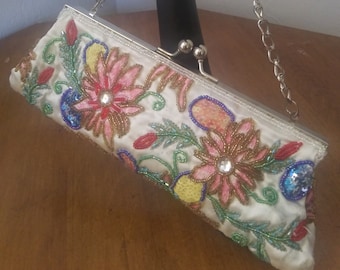 Vintage Floral Embroidered, Beaded, and Sequined White Satin Clutch Purse with (Optional) Chain, Vintage 1980s
