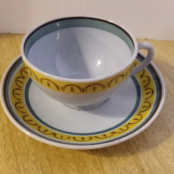 Midcentury Vtg Arabia of Finland Crownband Handpainted Ceramic Demitasse Espresso Coffee or Tea Cup and Saucer. Finland, 1950s - 60s