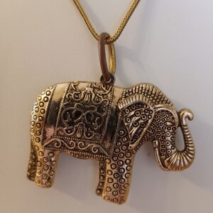 Thai Elephant Pendant Necklace, Goldfill & Goldtone Filigree Style Detail, Long 27 Goldfill Chain, Artisan Made in Thailand, 1980s Chain, image 5