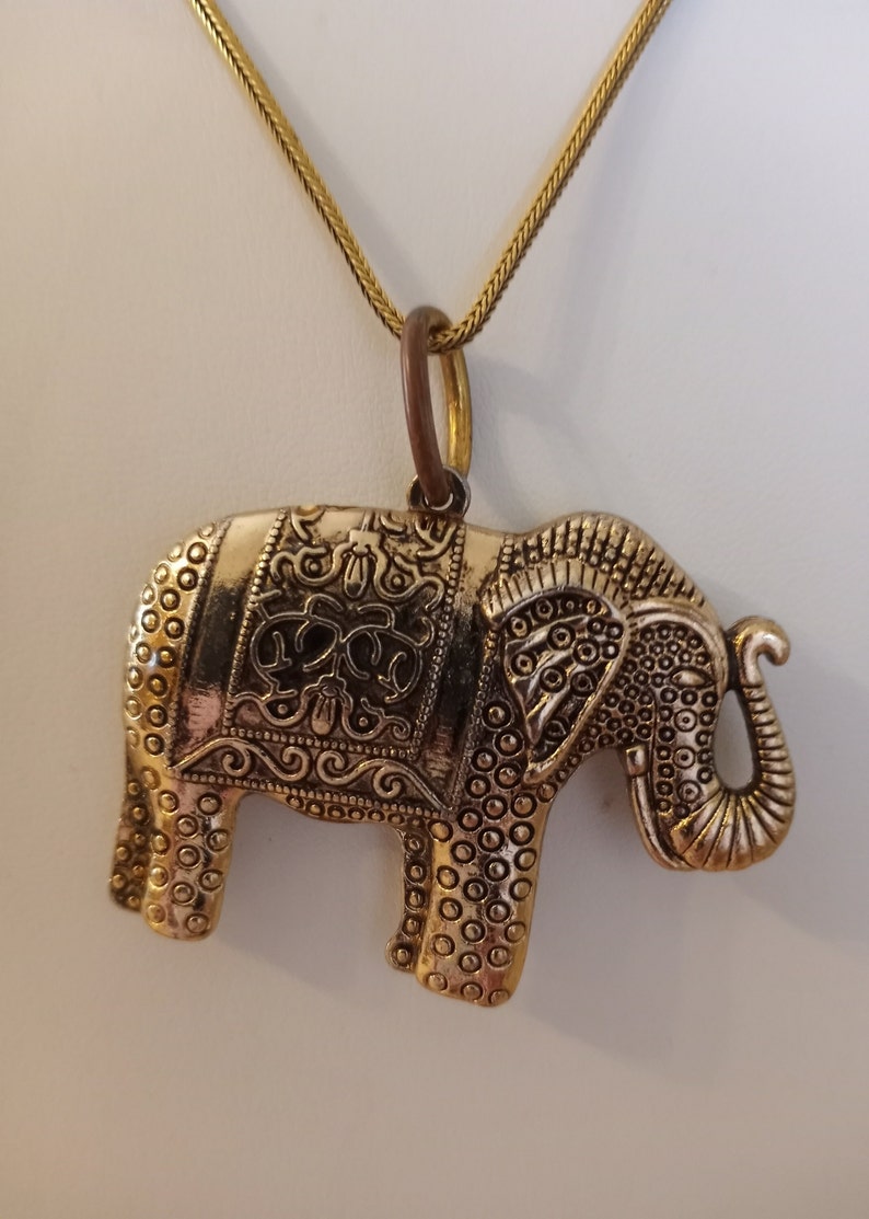 Thai Elephant Pendant Necklace, Goldfill & Goldtone Filigree Style Detail, Long 27 Goldfill Chain, Artisan Made in Thailand, 1980s Chain, image 5