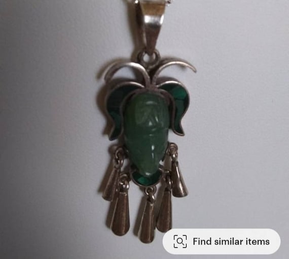 Vintage Taxco Mexican Jade Mayan God Pendant: Malachite Inlay 