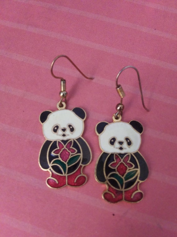 Cloisonne Panda Bear Earrings on Goldplated Base … - image 5