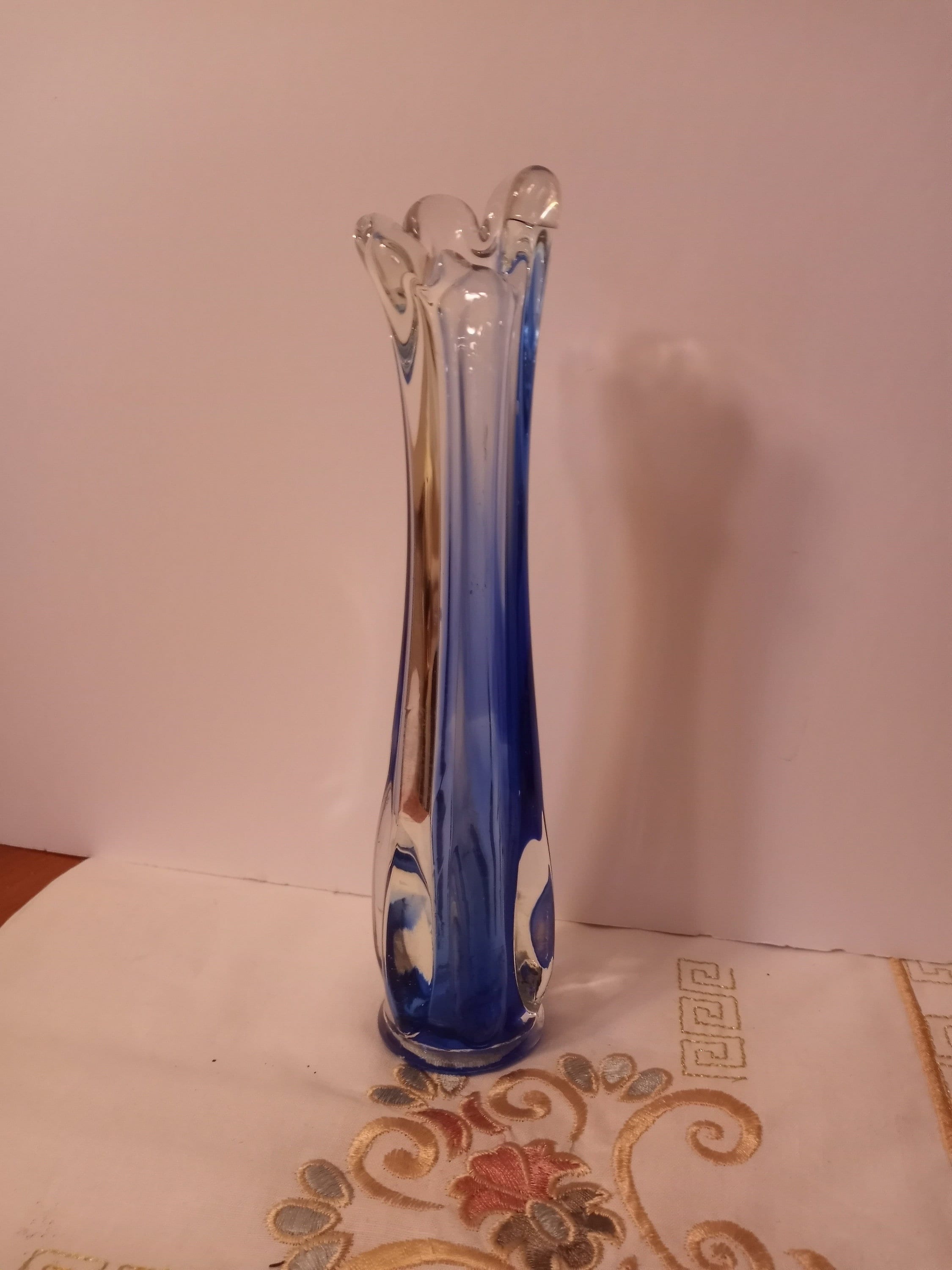 Murano Tall Hand Blown Glass Vase Blue Sommerso Fused Art Sculpture 8" 