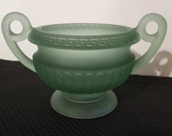 Antique Art Deco Green Frosted Glass Bowl: Grecian Style Handles, Greek Key Design