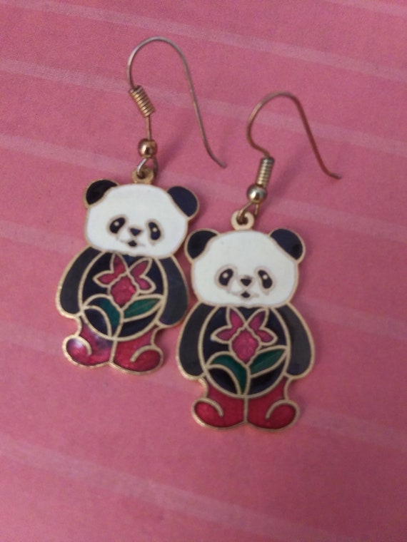 Cloisonne Panda Bear Earrings on Goldplated Base … - image 3