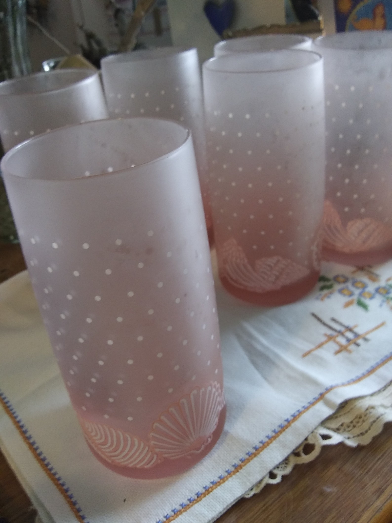 Frosted Pink Satin Glass Dotted Seashell Drinking Glasses Set Etsy