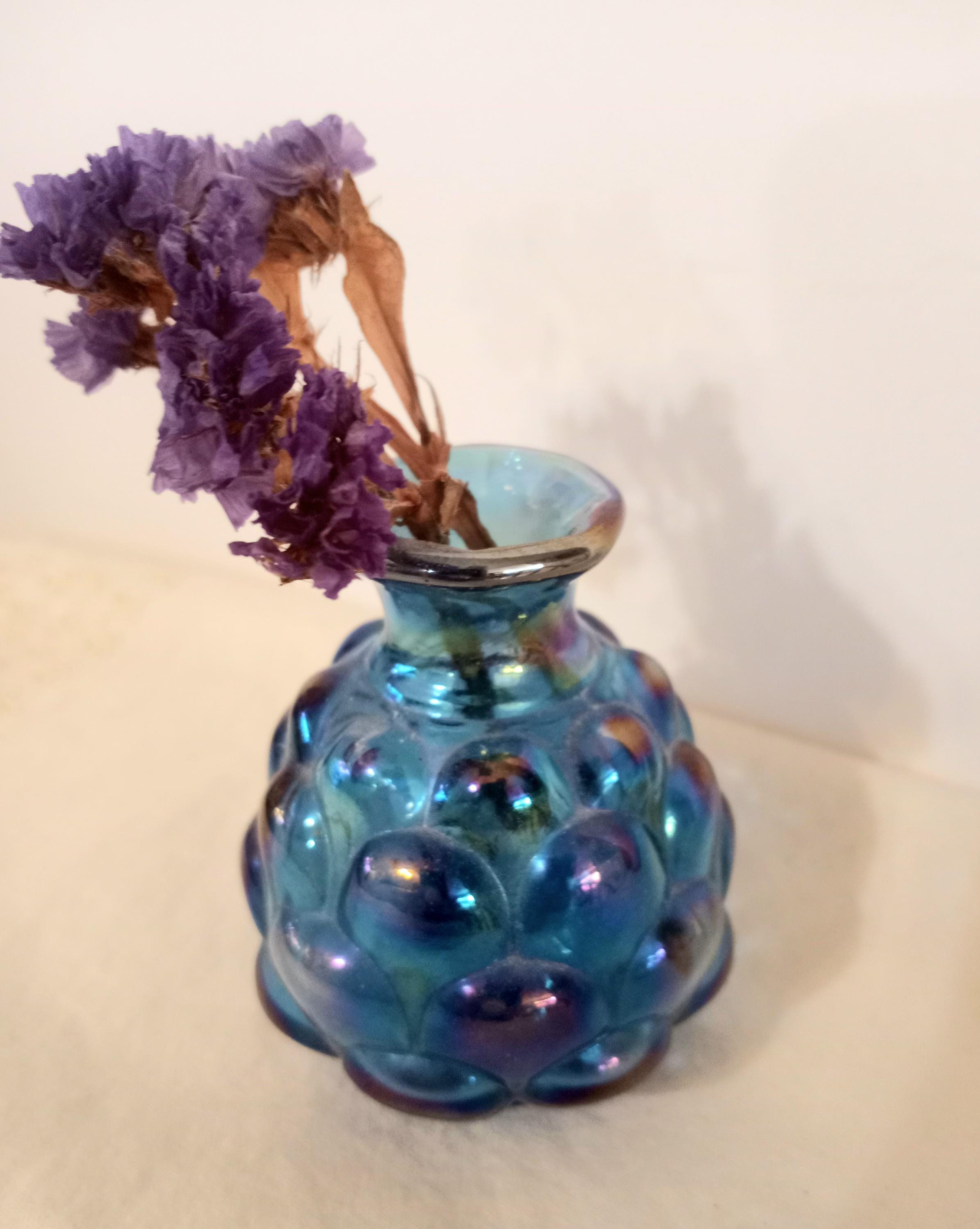Vintage Fenton Cobalt Blue Carnival Glass Mini Vase: Iridescent