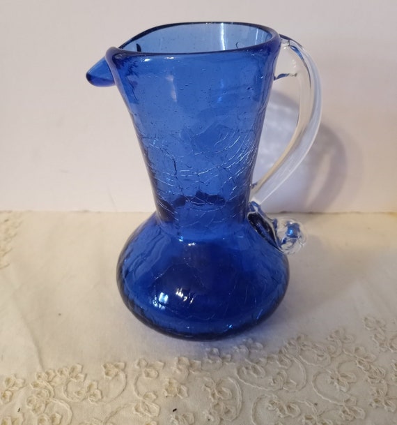 【希少】Vintage Blenko Art Glass アメリカビンテージ Vintage Blenko Art Glass Cobalt Blue Crackle Glass Pitcher, 5