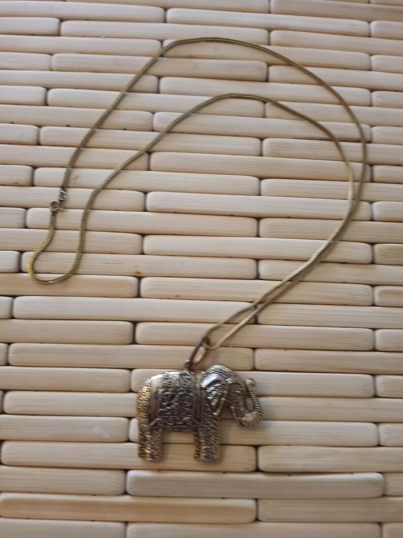 Thai Elephant Pendant Necklace, Goldfill & Goldtone Filigree Style Detail, Long 27 Goldfill Chain, Artisan Made in Thailand, 1980s Chain, image 8